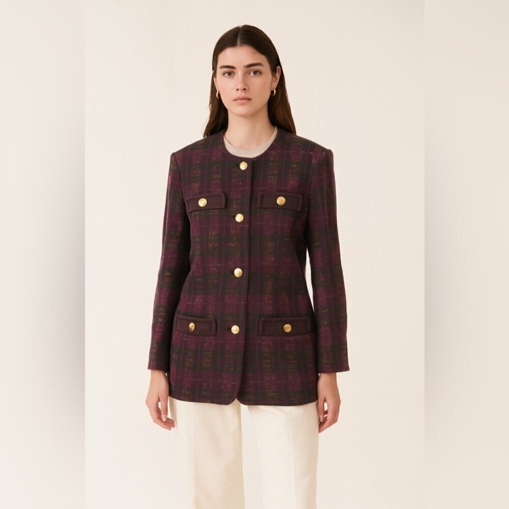 Giovannozzi Purple Plaid Gold Buttons Wool Blazer Made in Italy Size 12